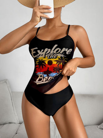Ensemble Tankini en Maille à Bretelles Fines Imprimé Palmiers Années 1950