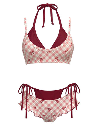[Prévente] Ensemble Bikini Double Couche Halter à Carreaux avec Nœud Vert Années 1950 2