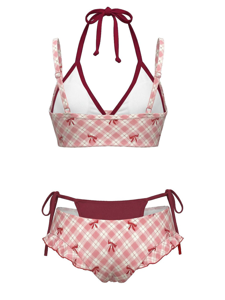 [Prévente] Ensemble Bikini Double Couche Halter à Carreaux avec Nœud Vert Années 1950 3