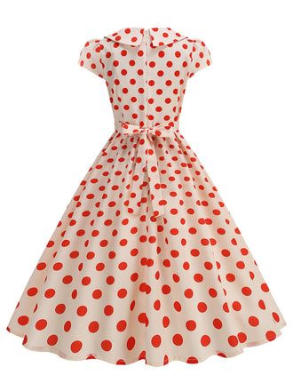 Robe Évasée à Pois Col à Revers Manches Courtes Années 1950 2