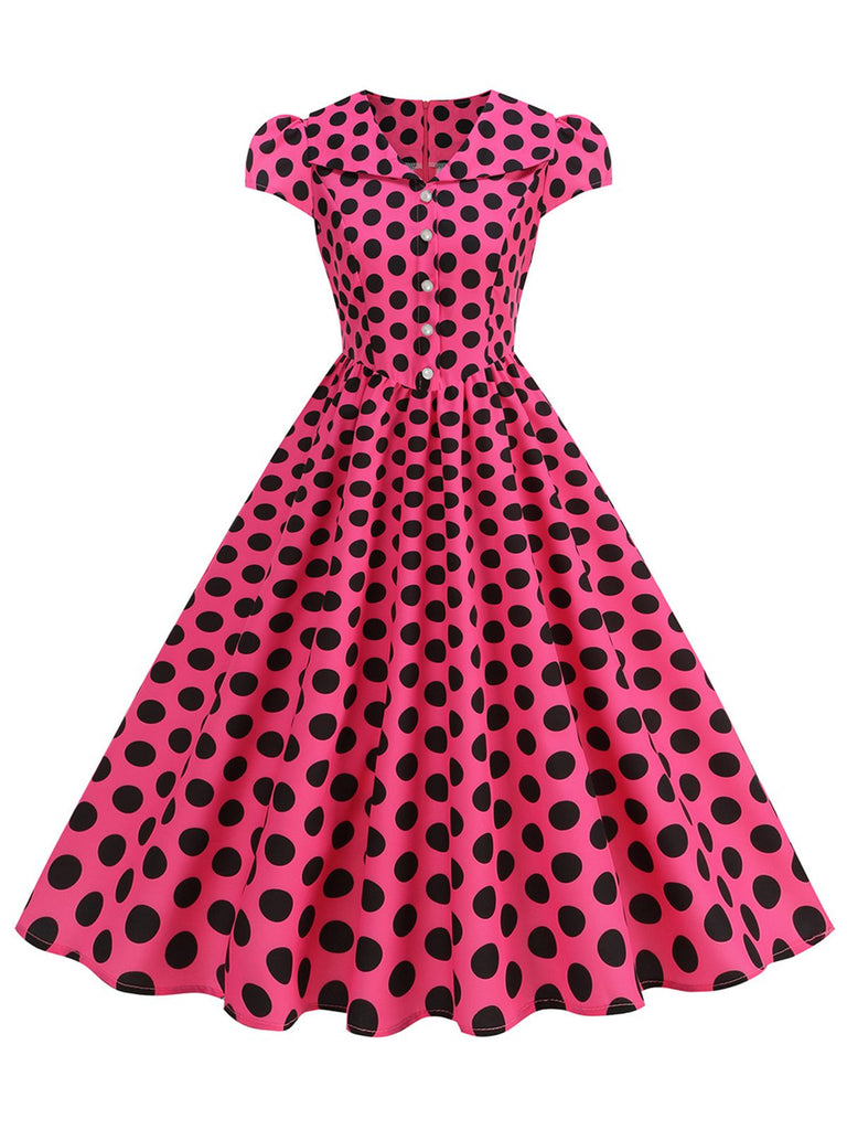 Robe Évasée à Pois Col à Revers Manches Courtes Années 1950 6
