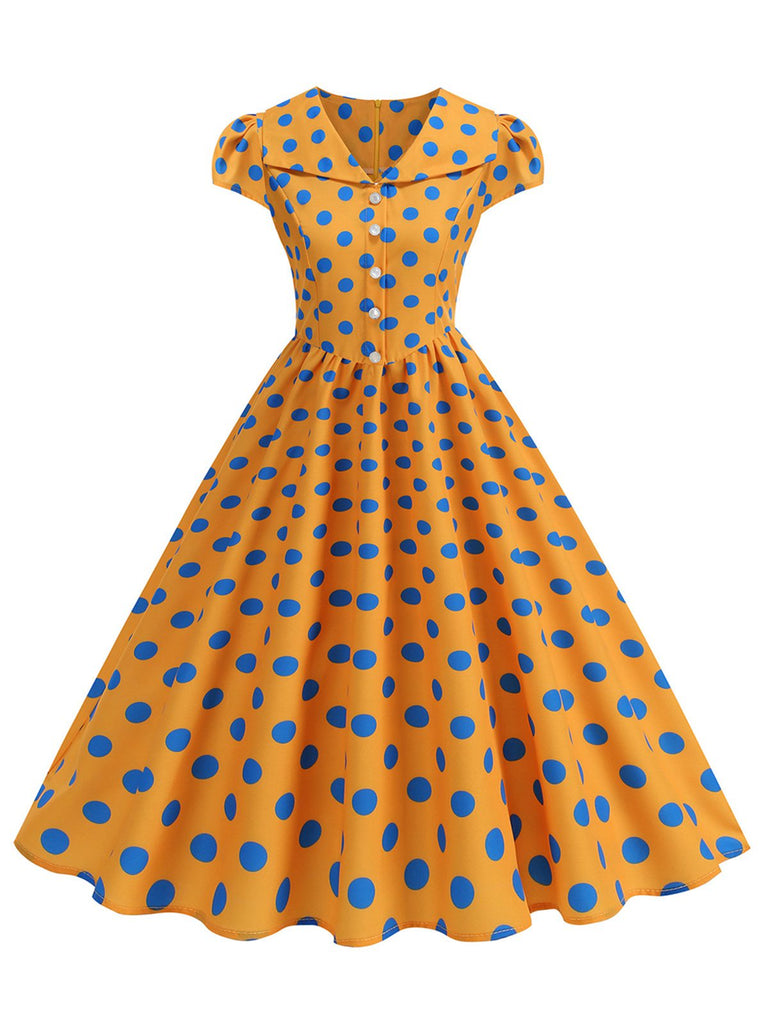 Robe Évasée à Pois Col à Revers Manches Courtes Années 1950 9