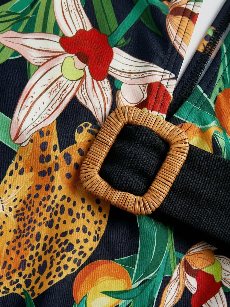 Tropical Léopard Boucle Col en V Une Pièce Maillot de Bain Années 1950 5