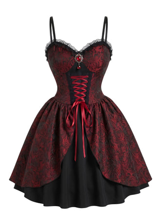 Robe gothique en jacquard à pierres précieuses, roses et dentelle années 1950 - 1