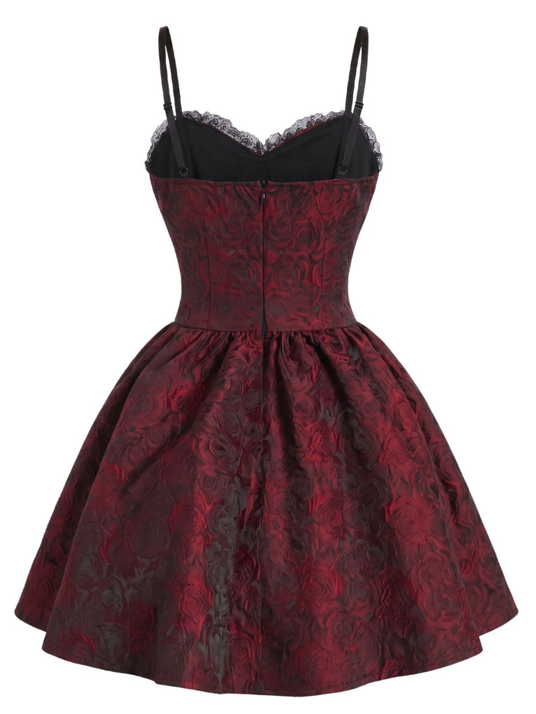 Robe gothique en jacquard à pierres précieuses, roses et dentelle années 1950 - 2