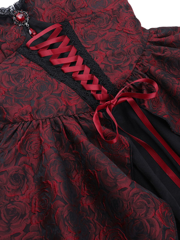 Robe gothique en jacquard à pierres précieuses, roses et dentelle années 1950 - 3