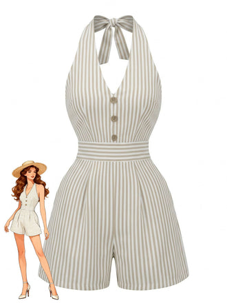 Combishort Dos-Nu Rayé Taille Cintrée Beige Années 1950