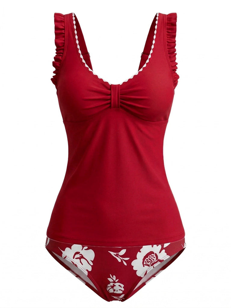 Ensemble Tankini Floral Froncé à Bretelles Volantées années '50