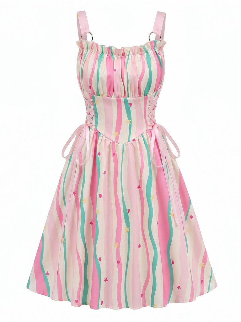 à Volants Col Carré Sans Manches Florale Imprimée Évasée Robe Années 1950 2