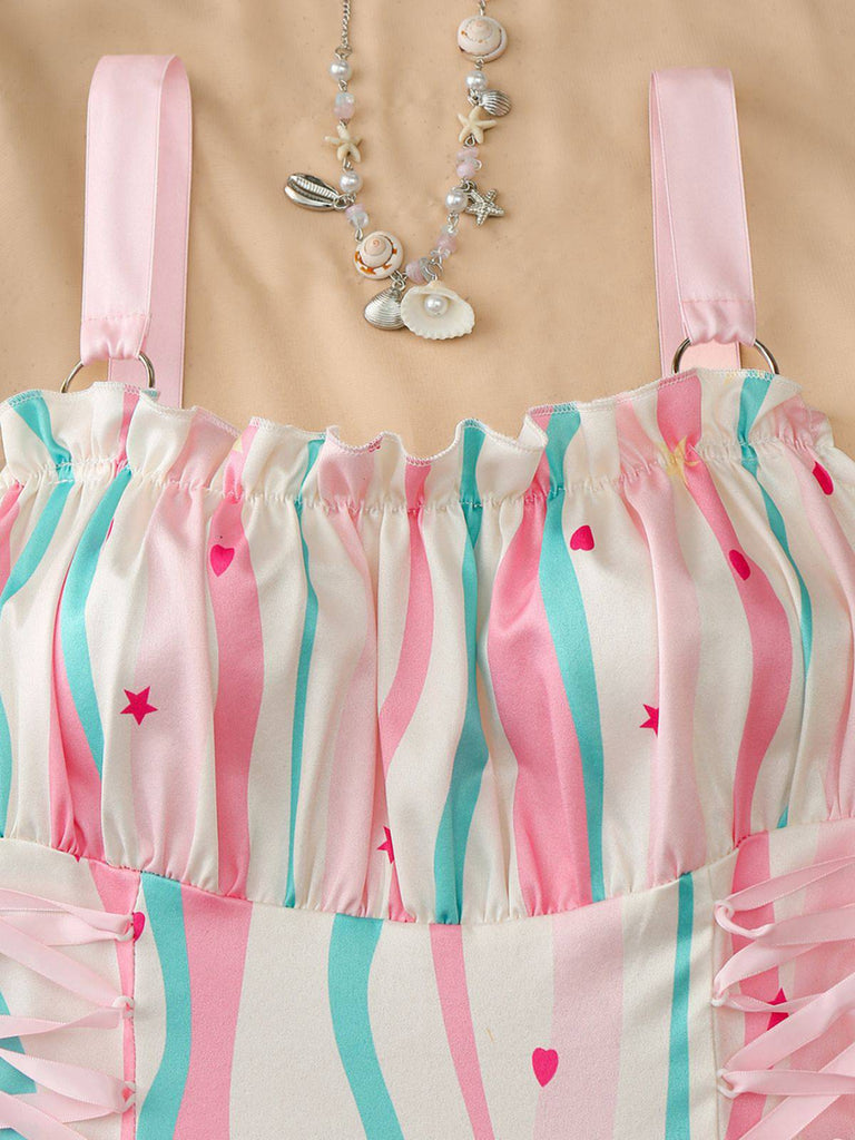 à Volants Col Carré Sans Manches Florale Imprimée Évasée Robe Années 1950 6
