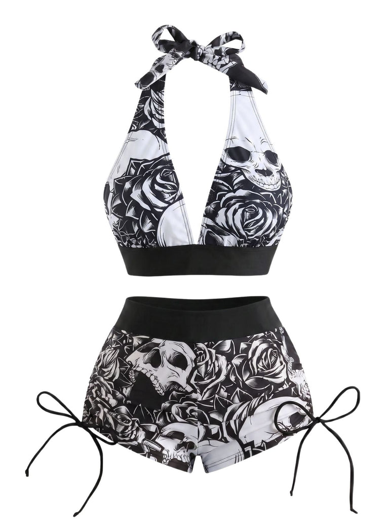 Ensemble Bikini Tête de Mort Gothique Halter Années 1950 4