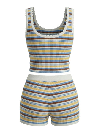 Rayée Côtelé Dentelle Bordure Short Ensemble Rainbow Années 1950 2