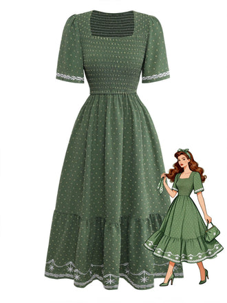 Col Carré Broderie Jacquard Smockéé Robe Années 1940