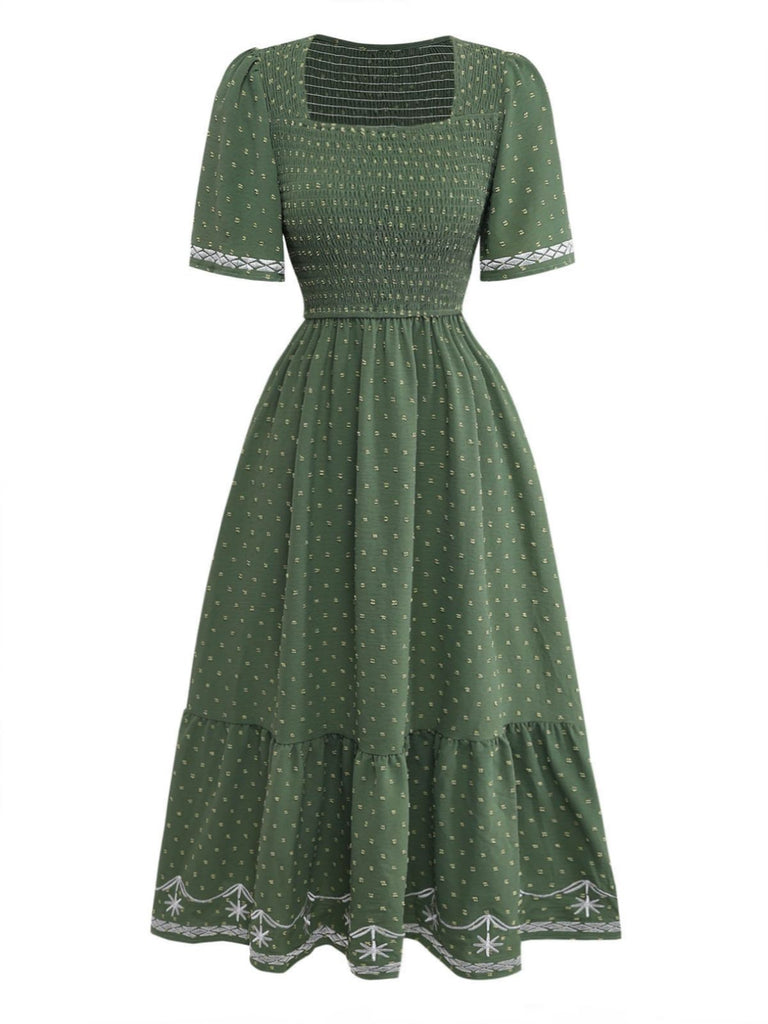 Col Carré Broderie Jacquard Smockéé Robe Années 1940 2