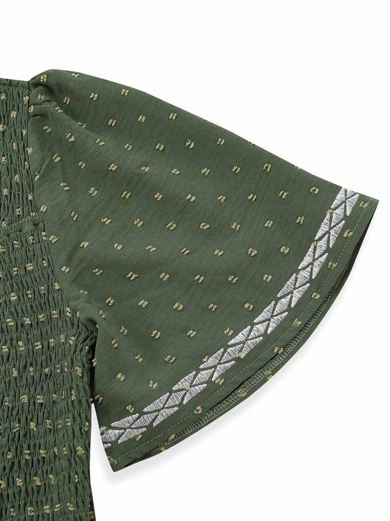 Col Carré Broderie Jacquard Smockéé Robe Années 1940 5