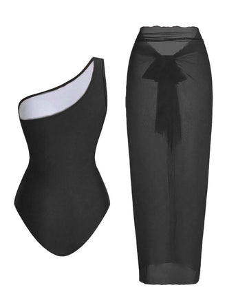 1950s One-Shoulder Ruched Tummy Control One-Piece Swimsuit & Cover-Up - vintage swimsuit, pin-up style