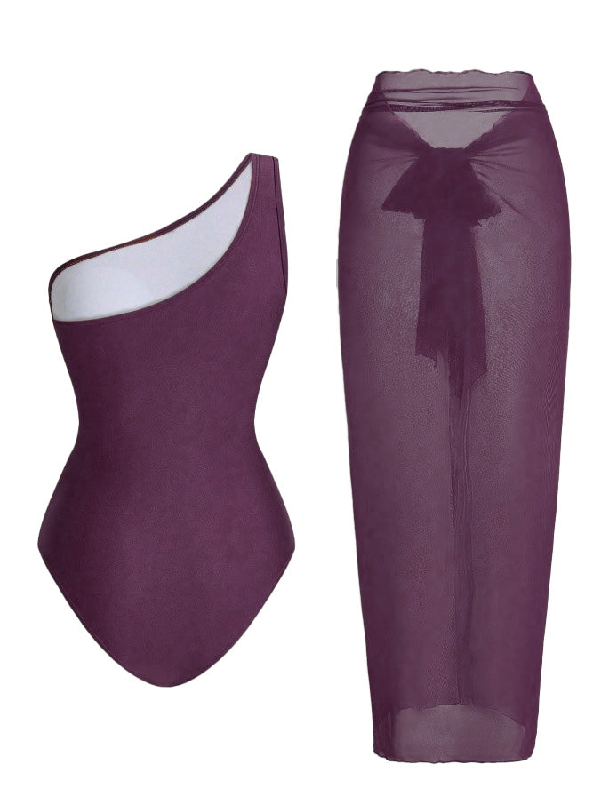 1950s One-Shoulder Ruched Tummy Control One-Piece Swimsuit & Cover-Up - vintage swimsuit, pin-up style