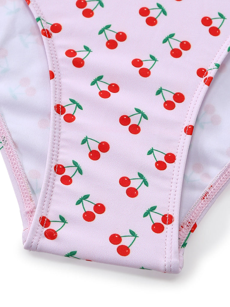Maillot de Bain Une Pièce Bordure Dentelle Imprimé Cerises Rose Années 1940