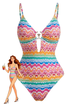 Maillot de Bain Une Pièce Imprimé Chevron avec Anneau Cœur Multicolore Années 1950