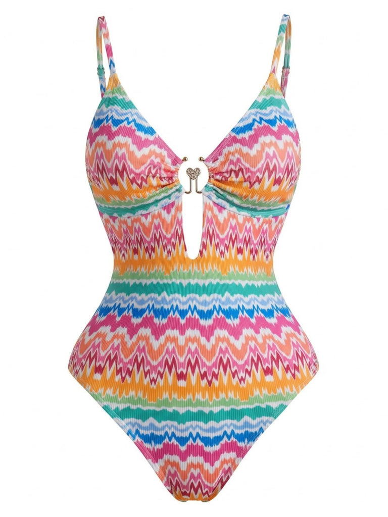 Maillot de Bain Une Pièce Imprimé Chevron avec Anneau Cœur Multicolore Années 1950 2