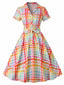 Robe multicolore carreaux revers et manches courtes années 1940