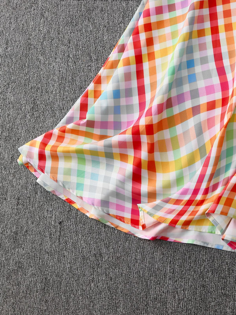 à Carreaux Revers Manches Courtes Robe Multicolore Années 1940 7