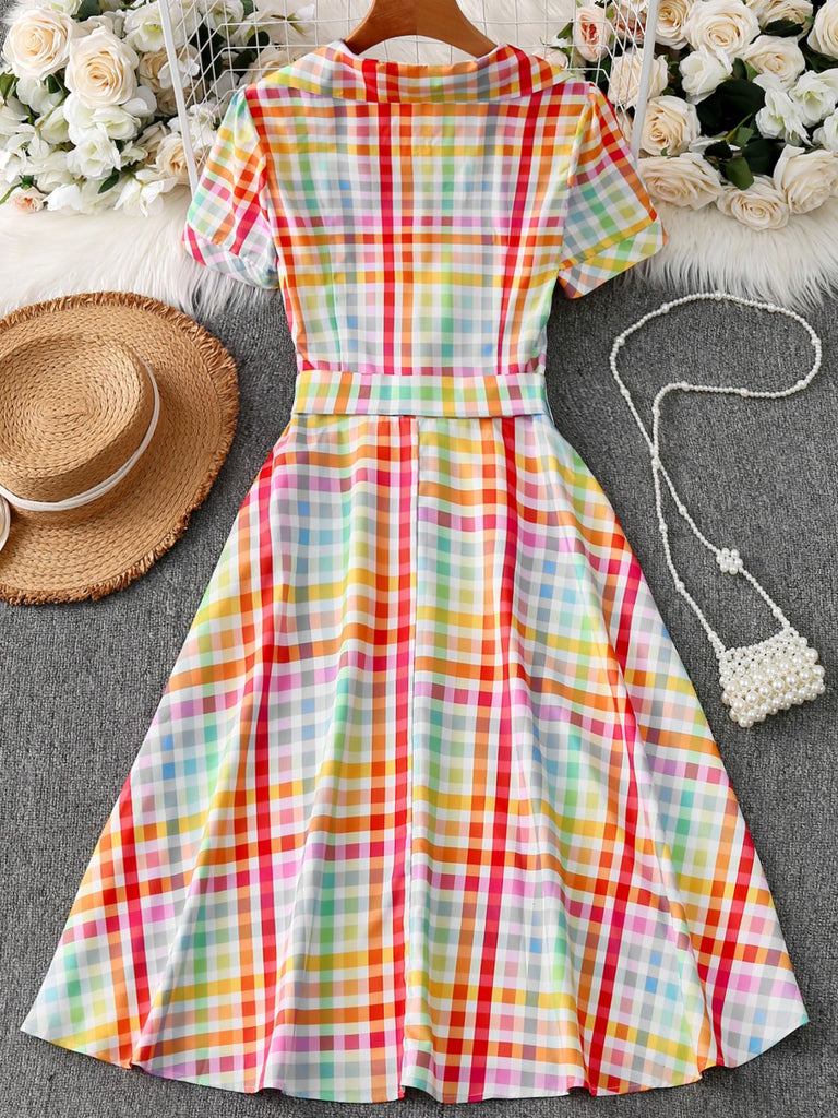 à Carreaux Revers Manches Courtes Robe Multicolore Années 1940 8