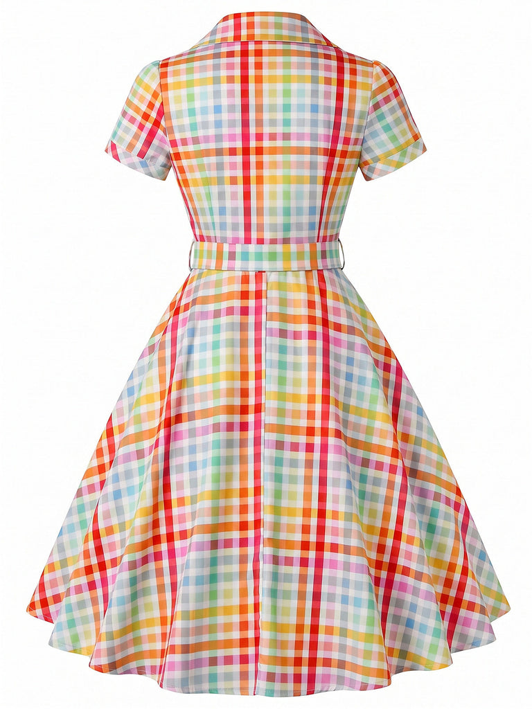 à Carreaux Revers Manches Courtes Robe Multicolore Années 1940 2