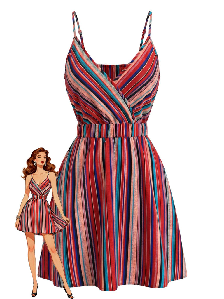 Col en V Bohème Style Rayée Mini Robe Années 1970