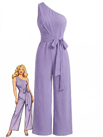 Combinaison Asymétrique Ceinturée à Jambes Larges Violette Années 1950