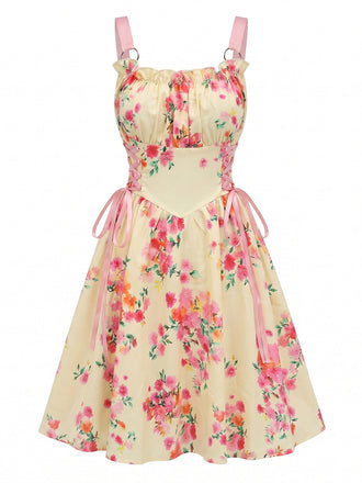 Robe Évasée Imprimée Fraises Col Claudine avec Ceinture années '50 2