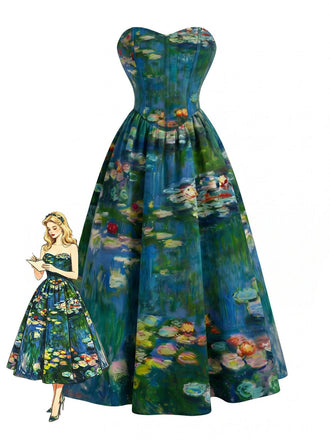 [Prévente] Robe jaune sans bretelles à décolleté cœur et paysage pastoral Années 1950