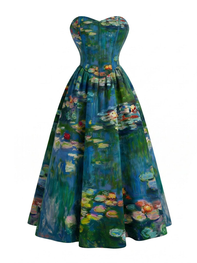 [Prévente] Robe jaune sans bretelles à décolleté cœur et paysage pastoral Années 1950