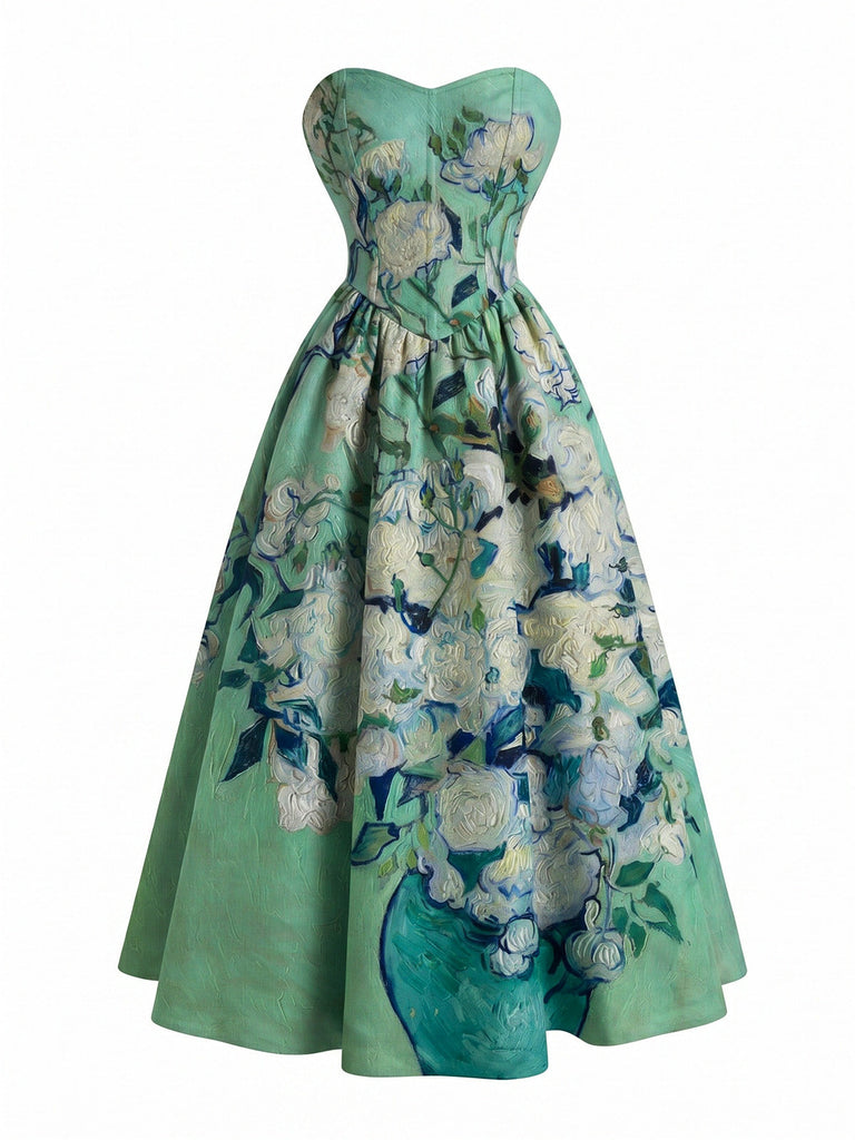 [Prévente] Robe jaune sans bretelles à décolleté cœur et paysage pastoral Années 1950