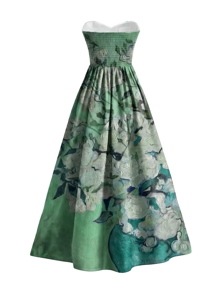 [Prévente] Robe jaune sans bretelles à décolleté cœur et paysage pastoral Années 1950