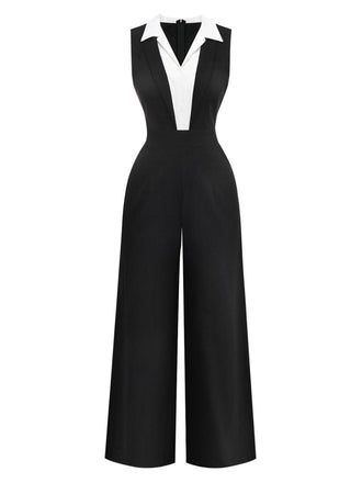 Black jumpsuit with white collar on a white background