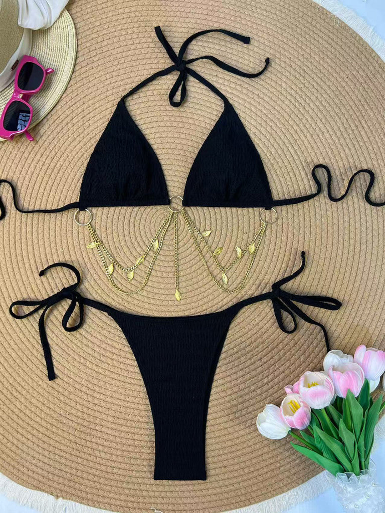 Ensemble Bikini Triangle Côtelé Chaîne Dorée Années 1960 3