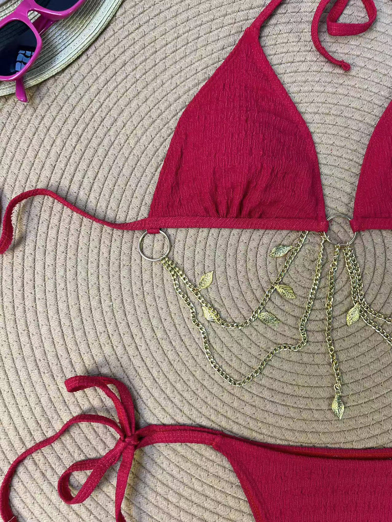 Ensemble Bikini Triangle Côtelé Chaîne Dorée Années 1960 8