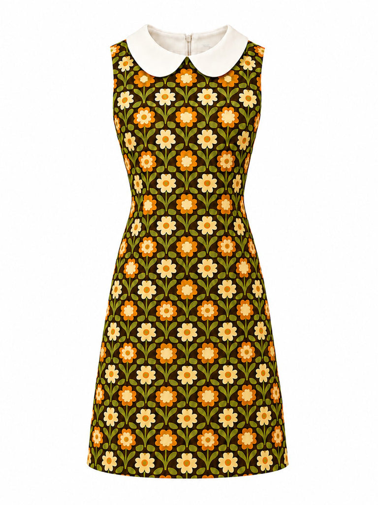 [Prévente] Robe verte motif marguerites et col Peter Pan années 1960