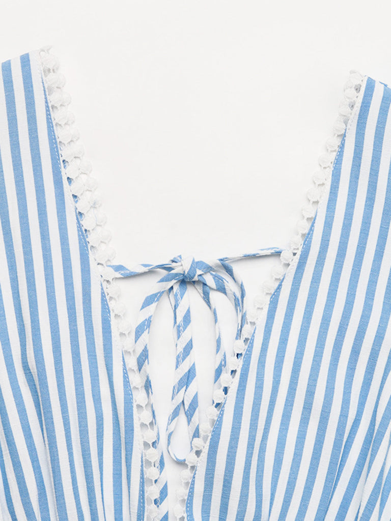 Robe Sans Manches Col V Profond Dos-Nu Rayée Bleue Années 1960