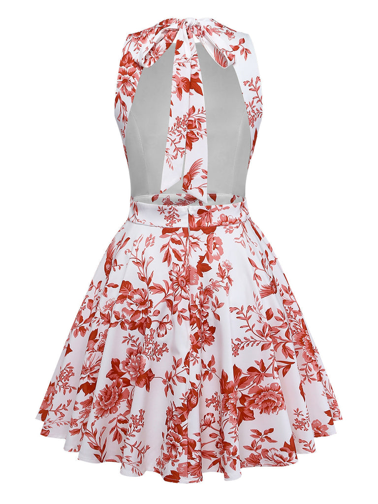 Robe Évasée Dos-Nu Sans Manches Imprimé Floral Années 1960