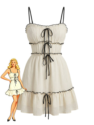 Mini Robe à Bretelles Fines Texturée à Volants Blanche Années 1960