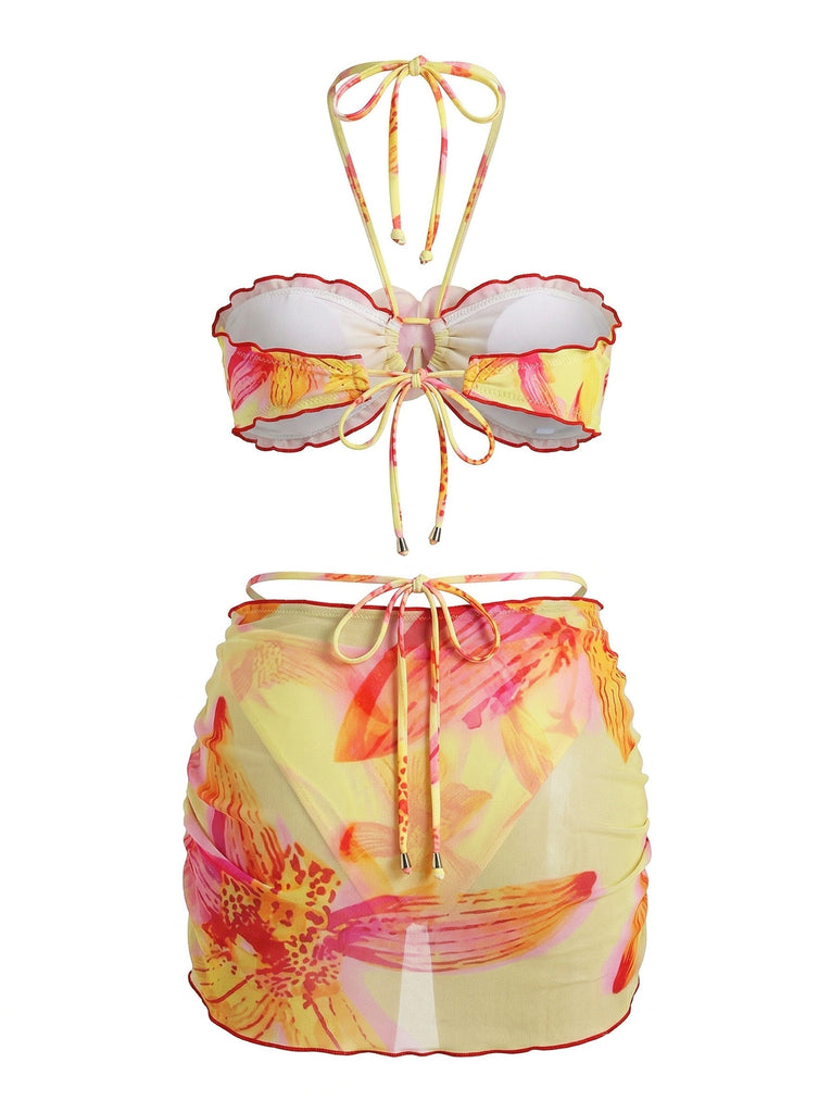 Ensemble 2 Pièces Bikini Dos-Nu Floral & Cache-Maillot Moulant Années 1960