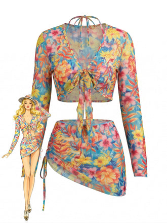 Ensemble Bikini Floral Dos Nu & Paréo en Mesh Manches Longues années '60