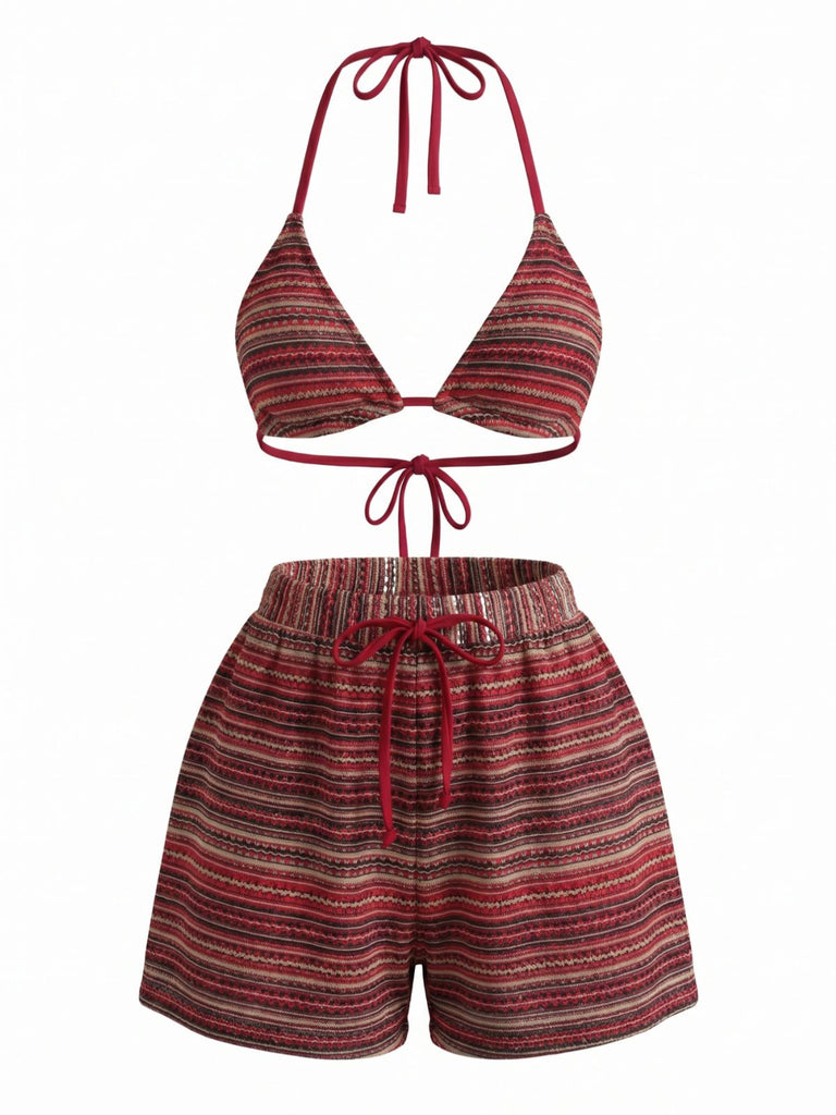 Ensemble Bikini Triangle Dos-Nu Rayé en Maille Années 1960