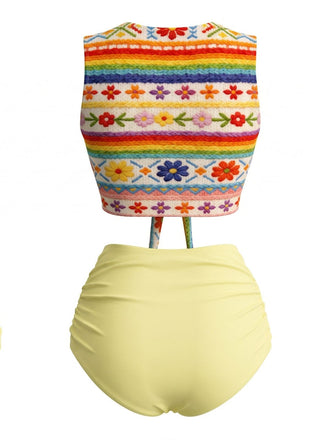 Ensemble Bikini Faux Tricot Floral Arc-en-Ciel Jaune Clair Années 1960