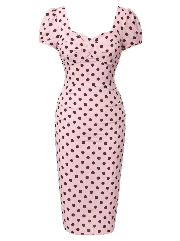 Robe bouffante beige à pois des années 1960 à col carré