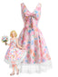 [Prévente] Robe multicolore motif floral aquarelle nœud dentelle années 50