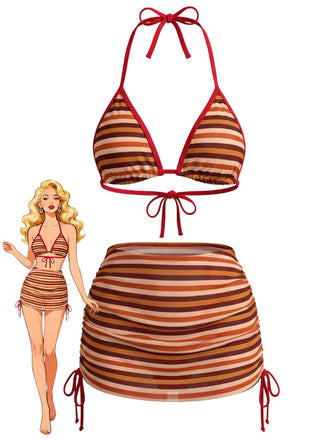 Ensemble 3 Pièces Bikini Dos-Nu Rayé & Jupe Froncée Marron Années 1960