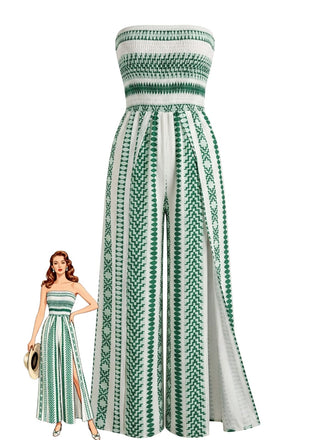 Combinaison Bustier à Rayures Fendue Vert Années 60